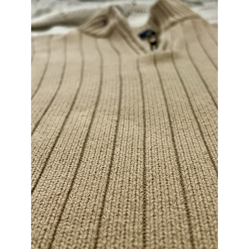100% Cotton Vintage GAP Tan Ribbed Half Zip‎ Sweater Mens L Warm 1/4 Zip Neutral